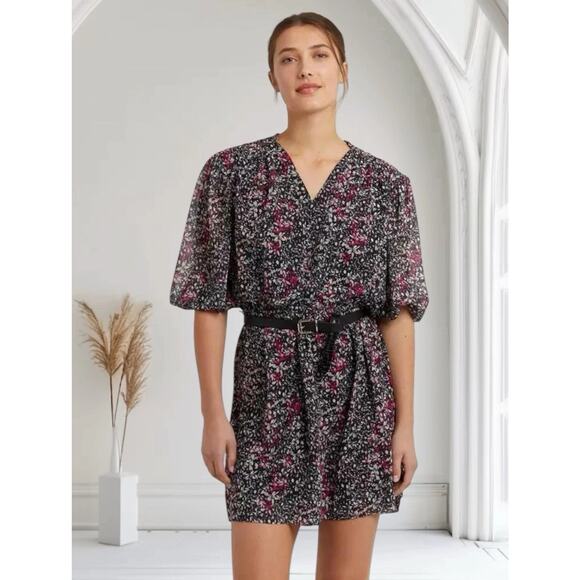 Rebecca Minkoff Isabella Ditsy 1/2 Sleeve Black Pink Floral Mini Dress M 6 8 - Picture 1 of 12